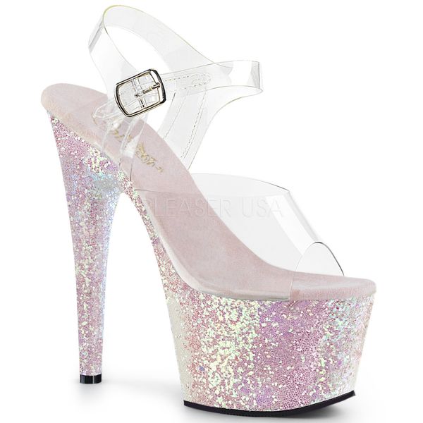 Durchsichtige Riemchen Sandalette mit opal Multi Glitter Plateau ADORE-708LG